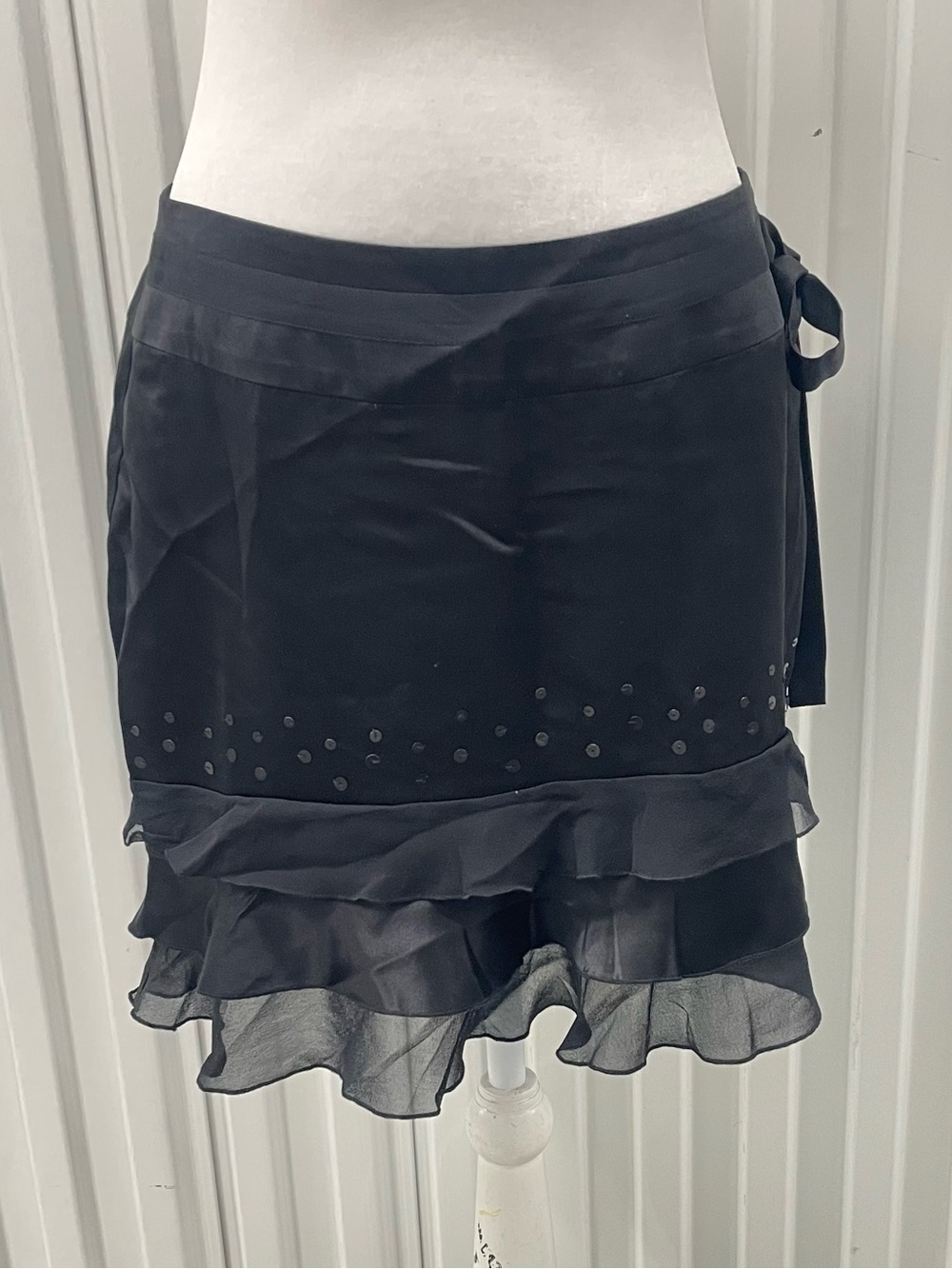 Vintage Black 100% Silk Ruffle Sequin Mini Skirt 6 Whimsigoth Fairy Grunge Goth